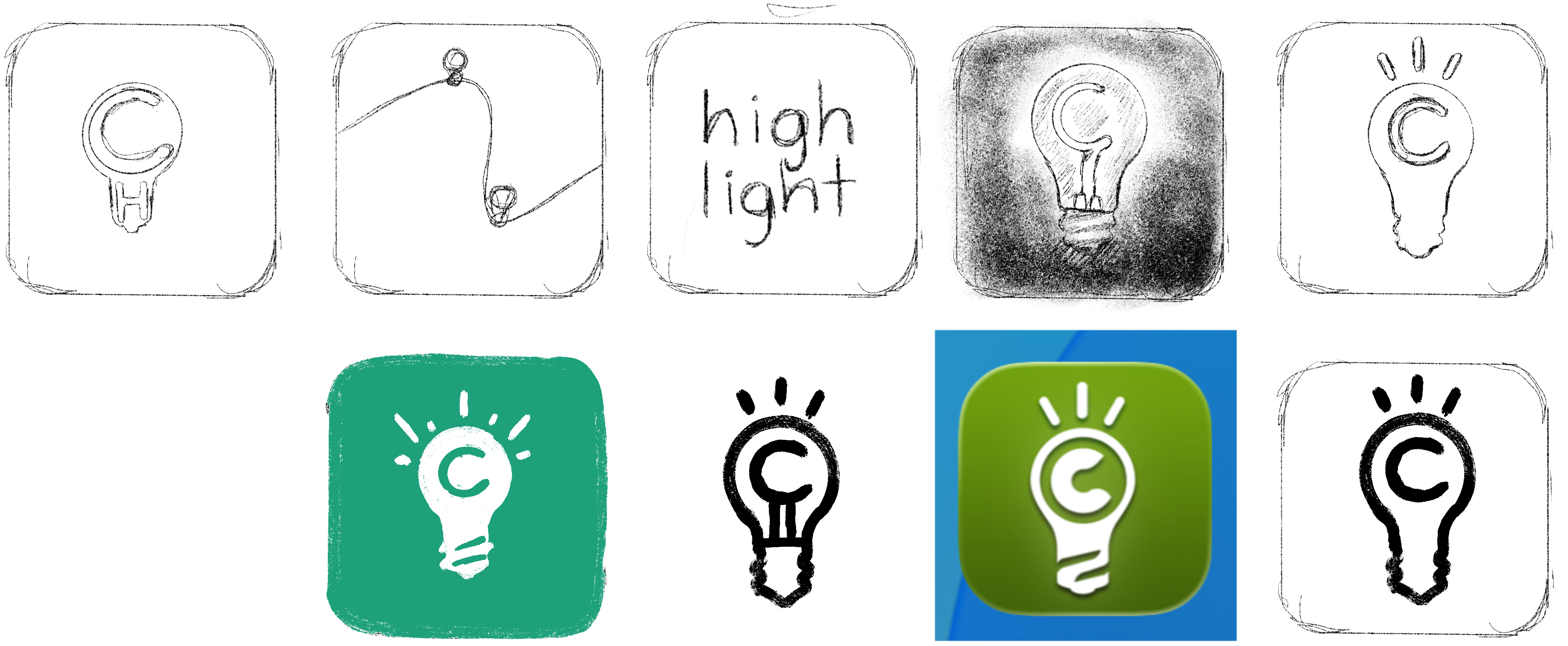 Sketches exploring the Highlight app icon — from early pencil studies of a lightbulb and the 'C' mark to the finished icon