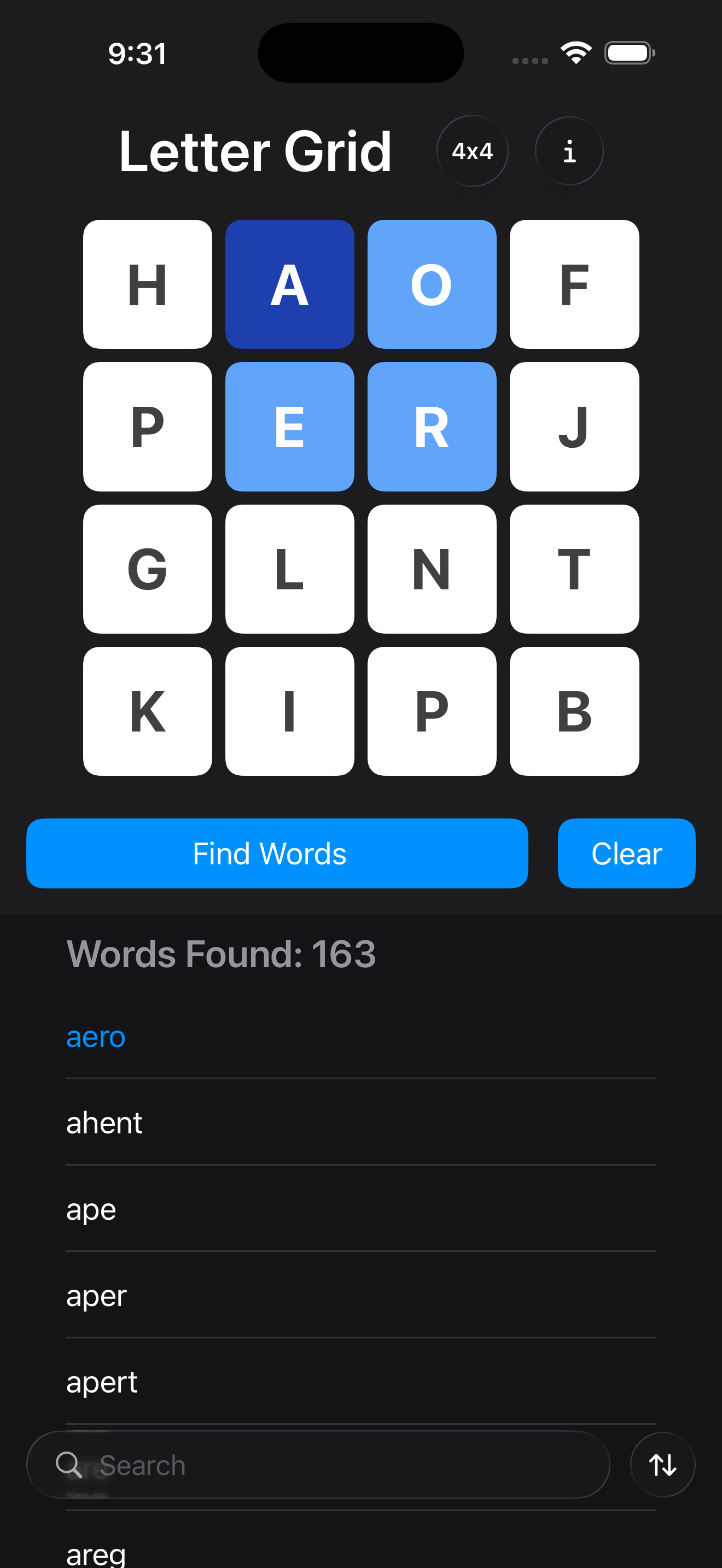 Word Hunt Solver app, a 4×4 letter grid with 163 words found